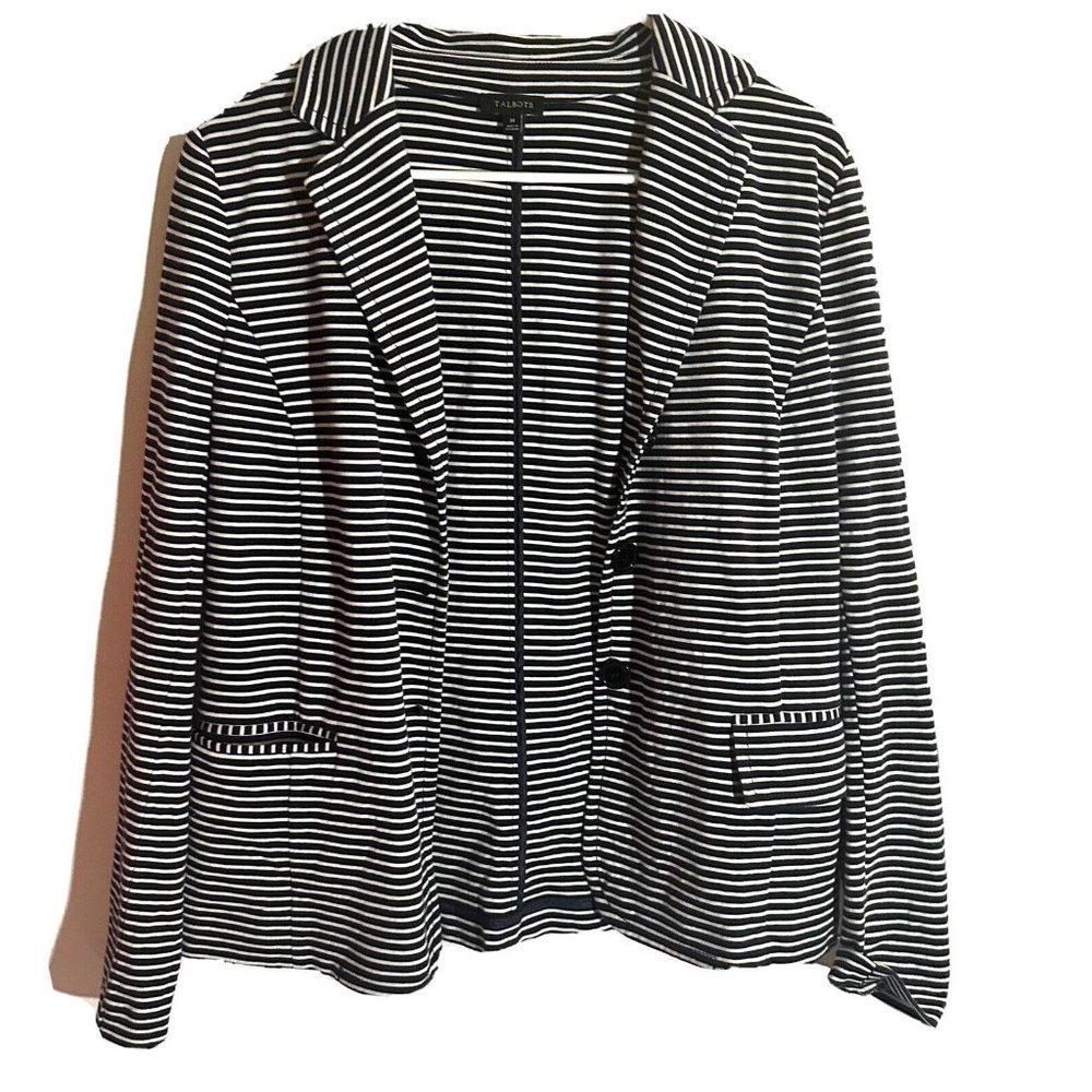 Talbots Medium Black & White Striped Jacket Career Business Professional Blazer